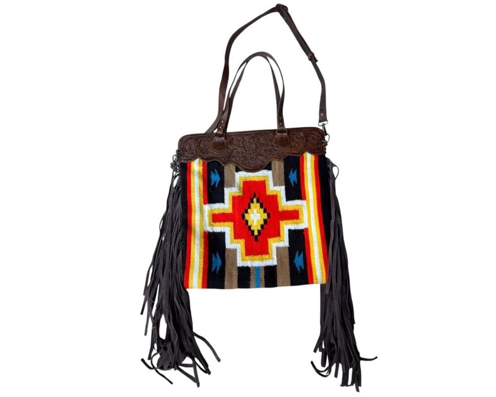 American Darling Large Saddle Blanket Bag with Fringe and Hand Carved Leather